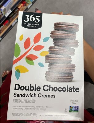 DOUBLE CHOCOLATE FLAVORED DELICIOUS CHOCOLATE FROSTING SANDWICHED BETWEEN TWO CRUNCHY CHOCOLATE-FLAVORED COOKIES SANDWICH CREMES, DOUBLE CHOCOLATE