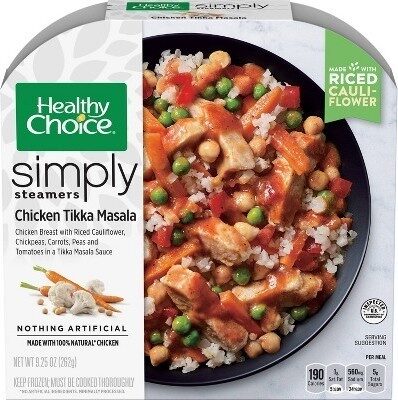 CHICKEN TIKKA MASALA CHICKEN BREAST WITH RICED CAULIFLOWER, CHICKPEAS, CARROTS, PEAS AND TOMATOES IN A TIKKA MASALA SAUCE SIMPLY STEAMERS, CHICKEN TIKKA MASALA