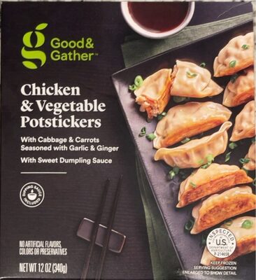 CHICKEN & VEGETABLE POTSTICKERS WITH CABBAGE & CARROTS SEASONED WITH GARLIC & GINGER WITH SWEET DUMPLING SAUCE, CHICKEN & VEGETABLE POTSTICKERS