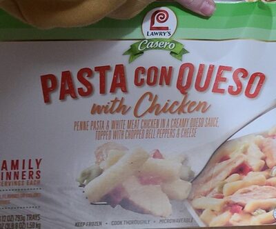 CASERO PASTA CON QUESO WITH CHICKEN PENNE PASTA & WHITE MEAT CHICKEN IN A CREAMY QUESO SAUCE, TOPPED WITH CHOPPED BELL PEPPERS & CHEESE, CASERO PASTA CON QUESO WITH CHICKEN