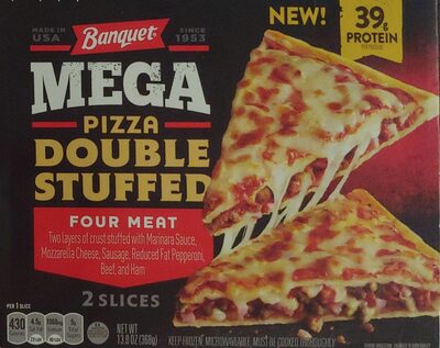 FOUR MEAT TWO LAYERS OF CRUST STUFFED WITH MARINARA SAUCE, MOZZARELLA CHEESE, SAUSAGE, REDUCED FAT PEPPERONI, BEEF, AND HAM DOUBLE STUFFED MEGA PIZZA, FOUR MEAT