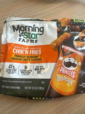 PRINGLES SCORCHIN' CHEDDAR CHEEZE FLAVORED PLANT-BASED CHIK'N FRIES, PRINGLES SCORCHIN' CHEDDAR CHEEZE