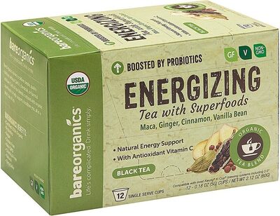 ENERGIZING MACA, GINGER, CINNAMON, VANILLA BEAN ORGANIC BLACK TEA BLEND WITH SUPERFOODS SINGLE SERVE CUPS, ENERGIZING
