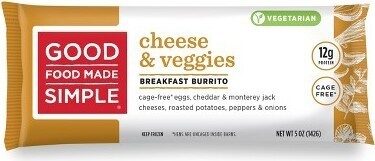 CHEESE & VEGGIES CAGE-FREE EGGS, CHEDDAR & MONTEREY JACK CHEESES, ROASTED POTATOES, PEPPERS & ONIONS BREAKFAST BURRITO, CHEESE & VEGGIES