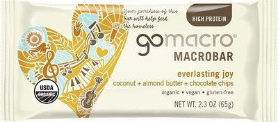 COCONUT + ALMOND BUTTER + CHOCOLATE CHIPS EVERLASTING JOY MACROBAR, COCONUT + ALMOND BUTTER + CHOCOLATE CHIPS