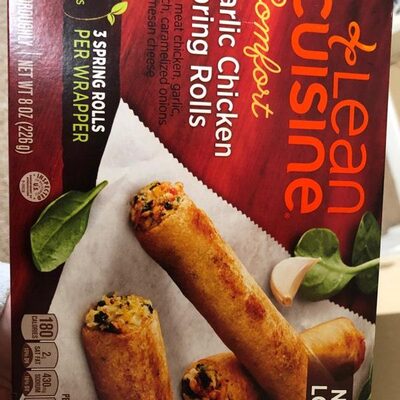 GARLIC CHICKEN SPRING ROLLS WHITE MEAT CHICKEN, GARLIC, SPINACH, CARAMELIZED ONIONS & PARMESAN CHEESE, GARLIC CHICKEN
