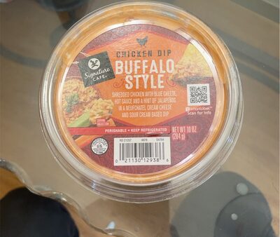 BUFFALO STYLE SHREDDED CHICKEN WITH BLUE CHEESE, HOT SAUCE AND A HINT OF JALAPENOS IN A NEUFCHATEL CREAM CHEESE AND SOUR CREAM BASED CHICKEN DIP, BUFFALO STYLE