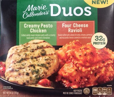 CREAMY PESTO CHICKEN GRILLED WHITE MEAT CHICKEN PATTY WITH A CREAMY BASIL PESTO AND CHERRY TOMATOES, FOUR CHEESE RAVIOLI STUFFED WITH A BLEND OF RICOTTA, ROMANO, PARMESAN AND MOZZARELLA CHEESES COVERED IN A MARINARA SAUCE DUOS, CREAMY PESTO CHICKEN, FOUR CHEESE RAVIOLI