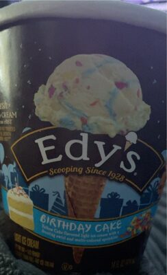 BIRTHDAY CAKE YELLOW CAKE FLAVORED LIGHT ICE CREAM, FROSTING SWIRL, MULTI-COLORED SPRINKLES, BIRTHDAY CAKE