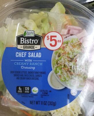 CHEF SALAD WITH CREAMY RANCH CRISP ICEBERG LETTUCE, SMOKED TURKEY BREAST, SMOKED HAM, SWISS CHEESE, CARROTS AND CREAMY RANCH DRESSING, CHEF SALAD WITH CREAMY RANCH