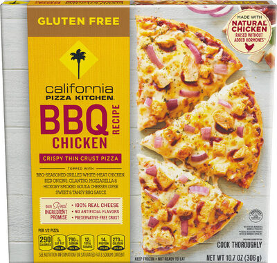 BBQ RECIPE CHICKEN TOPPED WITH BBQ-SEASONED GRILLED WHITE-MEAT CHICKEN, RED ONIONS, CILANTRO, MOZZARELLA & HICKORY SMOKED GOUDA CHEESES OVER SWEET & TANGY BBQ SAUCE GLUTEN FREE CRISPY THIN CRUST PIZZA, BBQ RECIPE CHICKEN