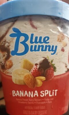 BANANA SPLIT FROZEN DAIRY DESSERT, FUDGE AND STRAWBERRY SWIRLS, PINEAPPLE, NUTS, BANANA SPLIT