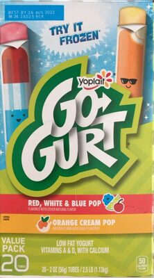 Go-Gurt Red White & Blue Pop and Orange Cream Pop Low Fat Yogurt 20 Count
