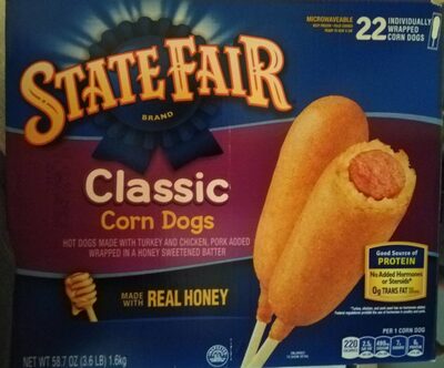 CLASSIC CORN DOGS HOT DOGS MADE WITH TURKEY AND CHICKEN, PORK ADDED WRAPPED IN A HONEY SWEETENED BATTER, CLASSIC