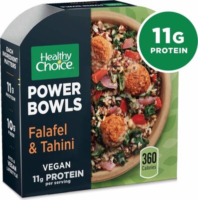 FALAFEL & TAHINI FALAFEL WITH RED ONIONS, TOMATOES, CHARD, KALE AND SPINACH SERVED ON TOP OF BROWN & RED RICE, RED QUINOA AND BLACK BARLEY WITH A SESAME TAHINI SAUCE POWER BOWLS, FALAFEL & TAHINI