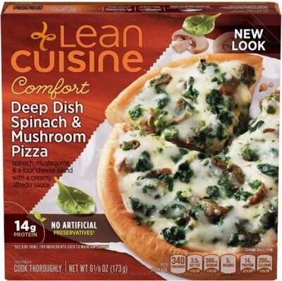 DEEP DISH SPINACH & MUSHROOM PIZZA SPINACH, MUSHROOMS & A FOUR CHEESE BLEND WITH A CREAMY ALFREDO SAUCE, DEEP DISH SPINACH & MUSHROOM